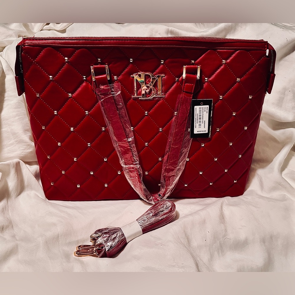 Badgley Mischka Burgundy Quilted Tote with Gold Stud Details